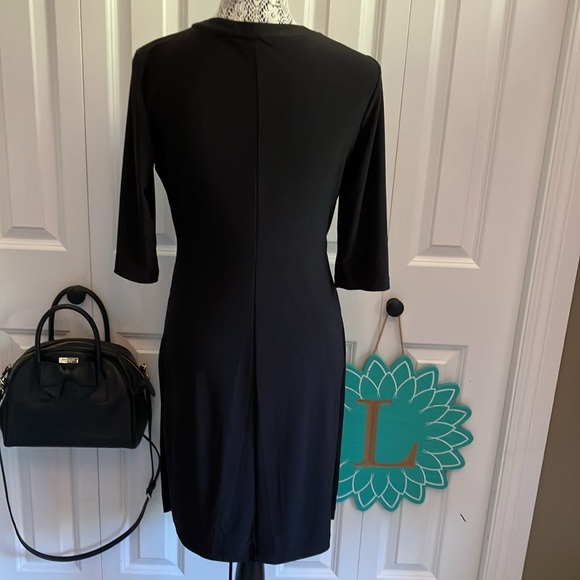 Elegant LBD w/crossover neckline & faux wrap skirt w/gold stud detail. - Picture 6 of 14
